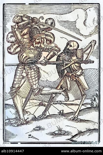 Der Tod kommt zum Ritter oder Grafen Holzschnitt nach Hans Holbein d. J. Aus Der Todten Tanz, erschienen Basel 1843, Death comes to the Knight or Count Woodcut after Hans Holbein the Younger From Der Todten Tanz or The Dance of Death published Basel 1843, Historisch, digital restaurierte Reproduktion von einer Vorlage aus dem 19. century, Record date not stated.