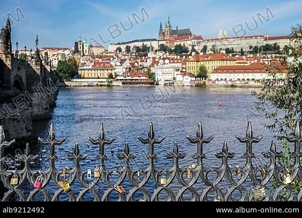 Padlocks on the railings of the Charles Bridge in Prague.