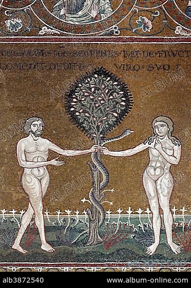 Adam and Eve standing next to the apple tree with the serpent in Paradise, Byzantine gold ground mosaics, Cathedral of Santa Maria Nuova, Monreale Cathedral, Monreale, Province of Palermo, Sicily, Italy, Europe.