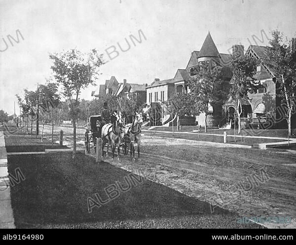 United States of America, State of Colorado, horse-drawn carriage in front of Sherman Avenue in the city of Denver, ca 1880, historical, digital reproduction of a 19th century original, original date unknown.