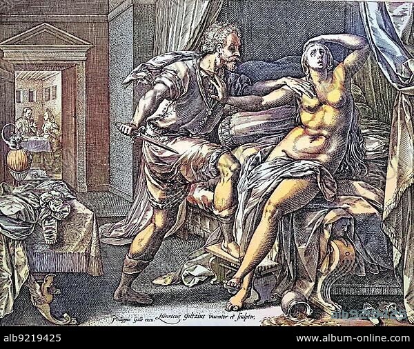 The rape of Lucretia, daughter of Spurius Lucretius Tricipitinus, under threat of armed force. Lucretia She was famous for her beauty and even more for her virtue, copperplate engraving by Heinrich Goltzius, ca 1570, digitally restored reproduction of a 19th century original, exact original date not known.