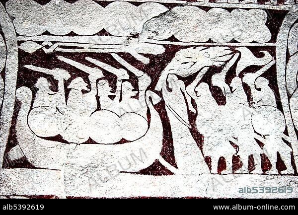 Detail of a Viking picture stone in Bunge, Gotland, Sweden, Europe.