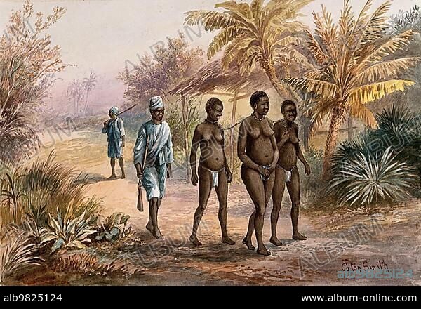 Three young woman chained together by the neck are led across a street by two armed men; slave traders; 1680; Historic; digitally restored reproduction from a 19th century original.