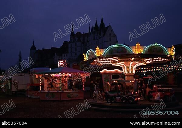Germany, City of Meissen in Sachsen, located in eastern Germany, fairground at the boarder of the Elbe-river, BG: city panorama with the castle, Europe.