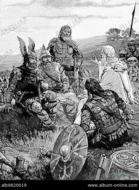 Wulfila explaining the Gospels to the Goths; Ulfila; 311-383; Gothic theologian; also known as Ulphilas and Orphila; Historical; digitally restored reproduction from a 19th century original.