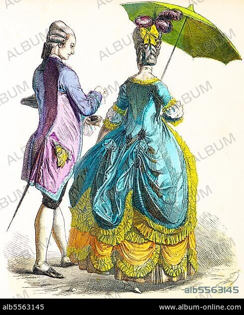 Münchener Bilderbogen, Kostüme, Ende 18. Jahrhundert, Tracht von 1780, Deutschland, Schirm, Mann, Frau, Robe, zwei Personen, Porträt, historische Illustration 1890.