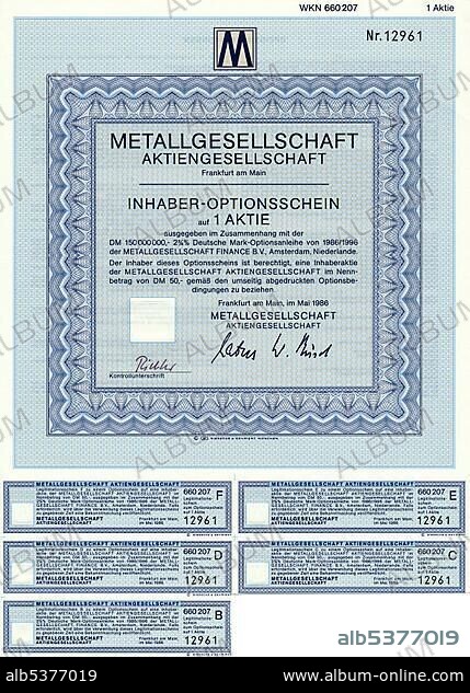 Historical share certificate, bearer warrant, Metallgesellschaft Aktiengesellschaft Frankfurt am Main, today GEA Group AG in Duesseldorf, metal trading and special machines, 1986, Germany, Europe.