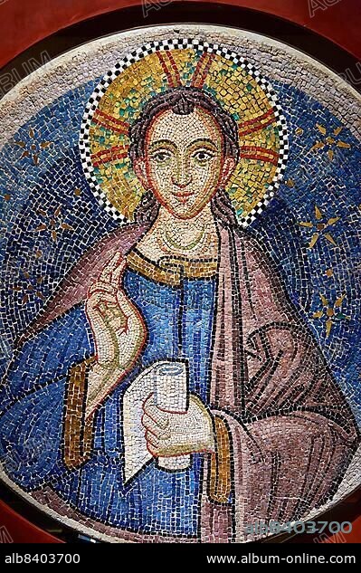 14th Century Mosaic of Jesus Christ Emmanuel, meaning "God is with us" a symbolic name which appears in chapters 7 and 8 of the Book of Isaiah, from the Zen Chapel of the St Marks Basilica, Venice, Veneto Italy.