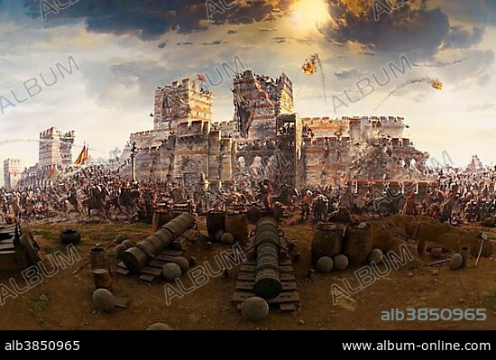 Painting of the conquest of Constantinople in 1453 by the Ottomans under Sultan Fatih Sultan Mehmed, Museum Panorama 1453 in Topkapi city park, Zeytinburnu, Istanbul, European side, Istanbul Province, Turkey, European side, Europe.