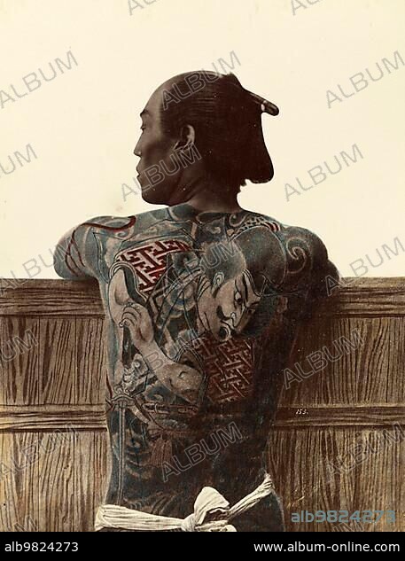 Japanese man with a tattoo on his back; Tattoo; c. 1880; Japan; Historical; digitally restored reproduction from an original of the period; Asia.