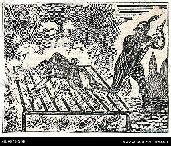 A naked man is tortured and roasted alive on a grate over a blazing fire; Historical; digitally restored reproduction from a 19th century original.
