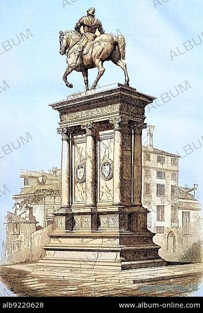 Equestrian statue by Bartolomeo Colleoni in Venice, Italy, Historic, digitally restored reproduction of a 19th century original, Europe.