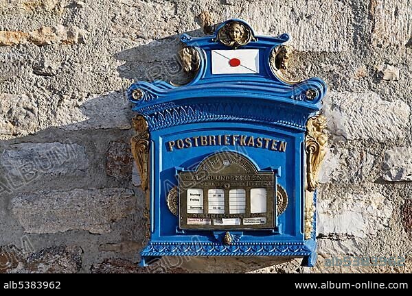 Historic blue mailbox, a replica of 1896, Germany, Europe.