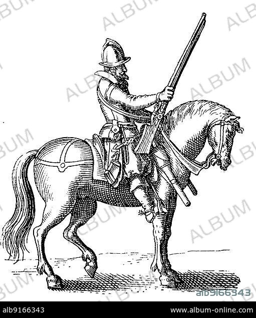 Arquebusier on horseback, 1621, war traditional costume, history of fashion, costume history, historical, digitally restored reproduction of a 19th century original, exact date unknown.