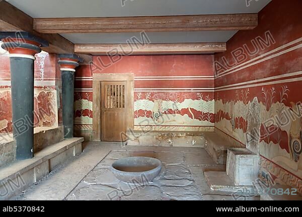 Archaeology, Minoan civilisation, antiquity, throne room with an alabaster throne, reconstruction according to archaeologist Sir Arthur Evans, Palace of Knossos, Crete, Greece, Europe.
