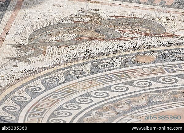 Detail of mosaic floor in atrium in House of the Dolphins, Delos, Greece, Europe.