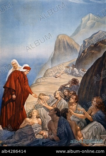 Amos Nattini (1892-1985), "The Divine Comedy" by Dante Alighieri (1265-1321). Purgatorio (Purgatory), Canto XIII, Second terrace; Envy. Meeting with Sapia of Siena.. Private collection. In 1921, for Dante Aligheri's 600th anniversary of death, the Istituto Nazionale Dantesco chose Amos Nattini to illustrate The Divine Comedy. The illustrations have been published in 1923.