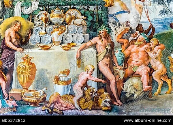 Dionysius and Silenus at the wedding banquet of Cupid and Psyche, fresco by Giulio Romano, hall of Amor and Psyche, Camera di Amore e Psiche, pleasure palace Palazzo Te, Mantua, Lombardy, Italy, Europe.
