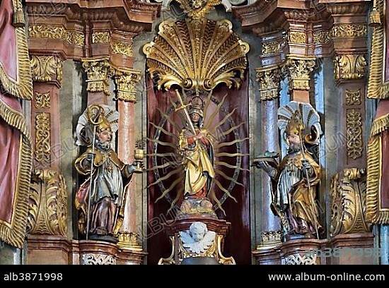Altar with shrine image of Our Lady of Sorrows, in Frauenbergkirche church, Munderkingen, Upper Swabia, Swabia, Baden-Württemberg, Germany, Europe.