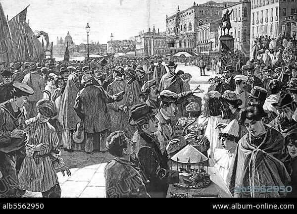 Karneval an der Riva degli Schiavoni in Venedig, Italien, um 1880, digital restaurierte Reproduktion einer Originalvorlage aus dem 19. Jahrhundert.