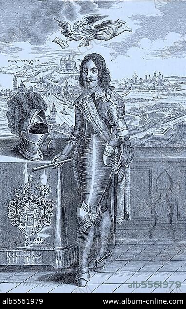 Herzog Bernhard von Sachsen-Weimar, 16. August 1604, 18. Juli 1639, war ein General des Dreißigjährigen Krieges. Im Hintergrund links Würzburg mit der Feste Marienberg, rechts Breisach am Rhein, Deutschland, digitale verbesserte Reproduktion eines Originaldrucks aus dem 19. Jahrhundert.