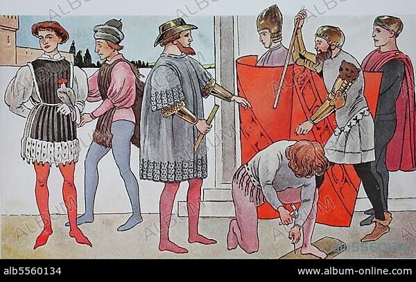 Kleidung, Mode in Italien, frühe Renaissance 1425-1480, von links, zwei Falkner in unterschiedlicher Kleidung, ein Offizier im Waffenrock und eine Gruppe von Kriegern, digital restaurierte Reproduktion einer Originalvorlage aus dem 19. Jahrhundert.