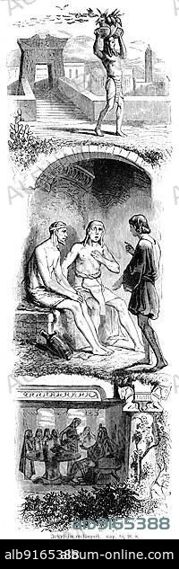 Joseph in prison, image sequence, building, men, carry, talk, fear, stone, table, bible, old testament, first book of Moses, chapter 40, verse 8, historical illustration 1850.