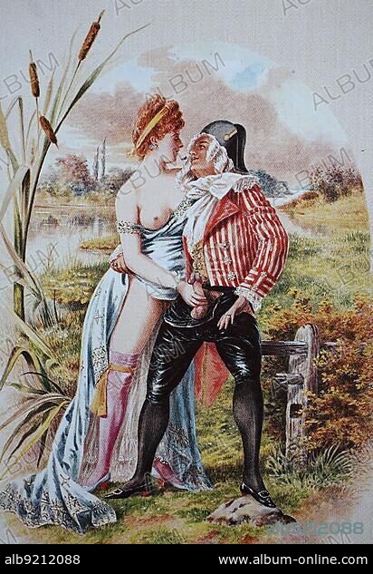 Victorian era erotic illustration, circa 1880, in England, a couple having sex in the wild, Historical, digitally restored reproduction of an original 19th century artwork, exact original date unknown.