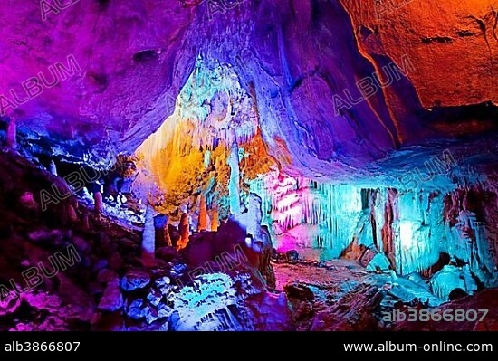 Höhlenlichter festival, an annual artistic light illumination in the Dechenhöhle caves, Iserlohn, Sauerland, North Rhine-Westphalia, Germany, Europe.