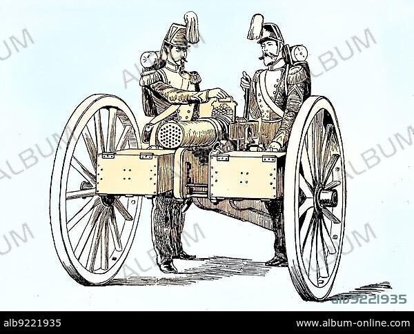 A mitrailleuse, grapeshot is a type of multi-barrelled rifle calibre salvo capable of firing either several shots at once or several shots in rapid succession, situation from the time of the Franco-Prussian War, 1870-1871, Historical, digitally restored reproduction from a 19th century original.