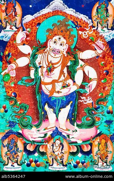 Choijin Lama Temple, Thangka painting representing the deity Sita Mahakala, Ulaanbaatar, Mongolia, Asia.