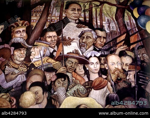 Fresco by Diego Rivera. Fresco of the Prado Hotel (Mexico). Juarez and the 1857 Constitution, and arrest of Emperor Maximilian. 20th century. Mexico. Picture Alexis Grivas.. These photographic works are protected by legislation concerning literary and artistic property in all countries. Royalties are handled by ADAGP. To publish or diffuse these photographs, you must imperatively obtain the authorization of ADAGP or its correspondents abroad and to pay corresponding royalties. If you download this image in high definition, your postal address, telephone number and e-mail address will automatically be forwarded to ADAGP.. ADAGP - 11,rue Berryer - Paris. Tel. : (33) 1 43 59 09 79. Fax : (33) 1 45 63 44 89. E-mail : adagp@adagp.fr. Web : http://www.adagp.fr.