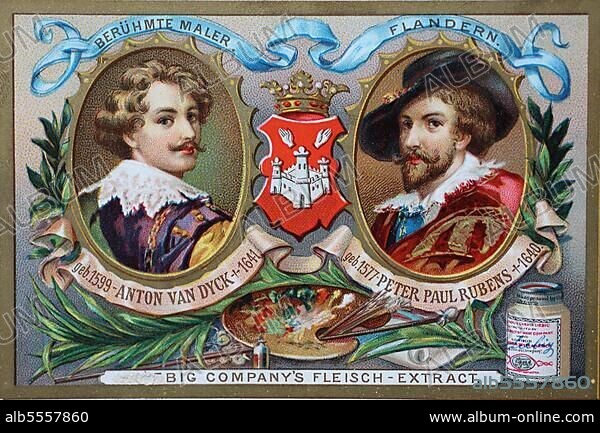 Bilderserie berühmte Maler, Anton van Dyck und Peter Paul Rubens, Flandern, Liebigbild, digital restaurierte Reproduktion einer Originalvorlage aus dem 19. Jahrhundert.
