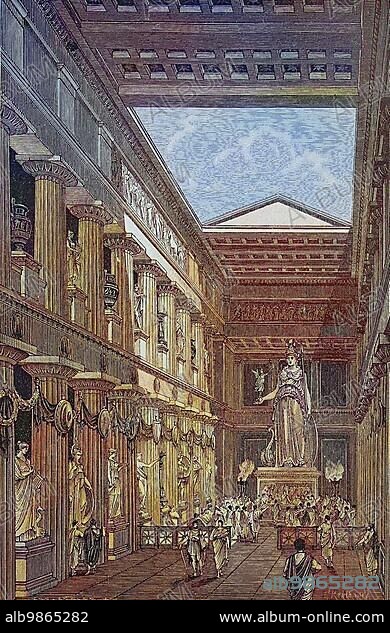 The statue of Athena Parthenos by Pheidias in the Cella of the Parthenon, Greece, reconstruction by G. Rehlender, digital improved reproduction of an original print from the 19th century, Europe.