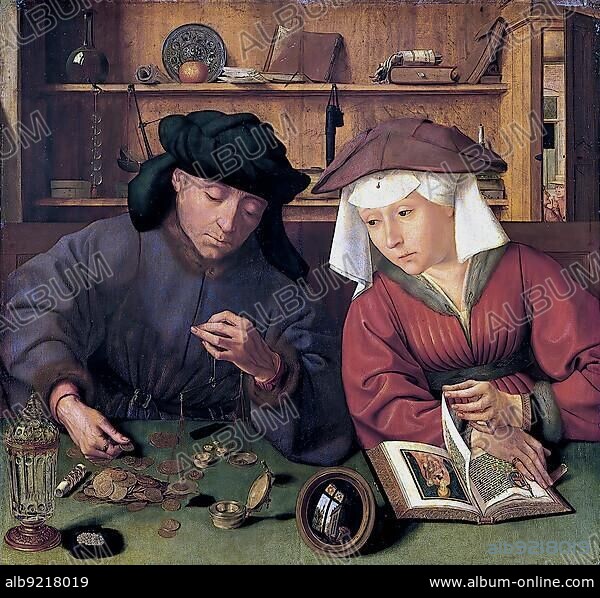 The Moneychanger and his Wife, 1514, after a painting by Quentin Massys, Historical, digitally restored reproduction of a 19th century original.