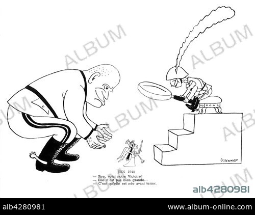 Satirical cartoon by Sennep about Mussolini. in "La guerre en chemise noire" ("war in blackshirt"). June 1940. Private collection.. These photographic works are protected by legislation concerning literary and artistic property in all countries. Royalties are handled by ADAGP. To publish or diffuse these photographs, you must imperatively obtain the authorization of ADAGP or its correspondents abroad and to pay corresponding royalties. If you download this image in high definition, your postal address, telephone number and e-mail address will automatically be forwarded to ADAGP.. ADAGP - 11,rue Berryer - Paris. Tel. : (33) 1 43 59 09 79. Fax : (33) 1 45 63 44 89. E-mail : adagp@adagp.fr. Web : http://www.adagp.fr.