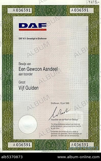 Historic stock certificate, share, 5 Dutch guilders, issued in 1989 in Eindhoven, DAF, automobile and truck manufacturer, Netherlands, Europe.