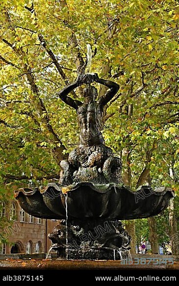 Triton Fountain, 1689, from Johann Leonhard Bromig the Elder, copy of the Baroque fountain by Bernini in Rome, in front of Plane Trees or Sycamores (Platanus) in autumn foliage, Maxplatz square, Nuremberg, Middle Franconia, Bavaria, Germany, Europe, PublicGround, Europe.