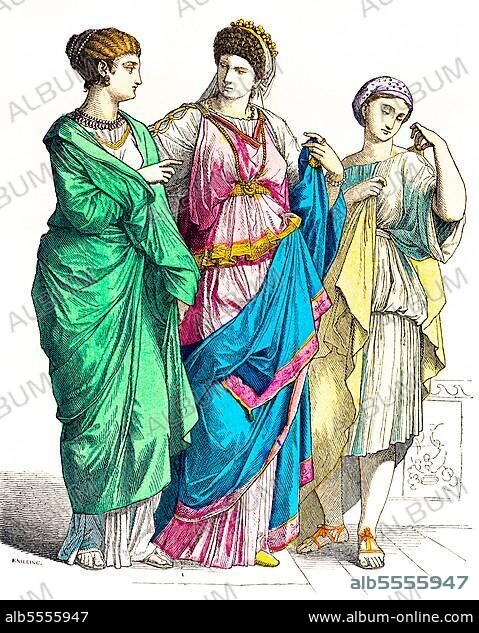 Münchener Bilderbogen, Kostüme, Römer, vornehme Römerinnen, Sklavin (re), Gewand, Schmuck, Diadem, Sandalen, drei Personen, Frauen, Porträt, farbige historische Illustration 1890.