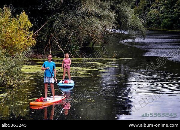 Stand-Up Paddler on the Wakenitz, SUP, Amazon of the North, Border River, Column Trail, Hole Plate Trail, Inner German Border Installation, Green Belt, Border Trail, Lauenburg Lakes nature Park, Rothenhusen, Schleswig-Holstein, Germany, Europe.