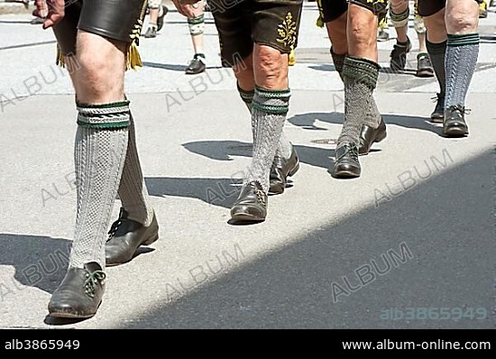 Men in traditional Bavarian costume, Lederhosen, costume parade celebrating the 90th anniversary of Ebersberg costume society, Bavaria, Germany, Europe.