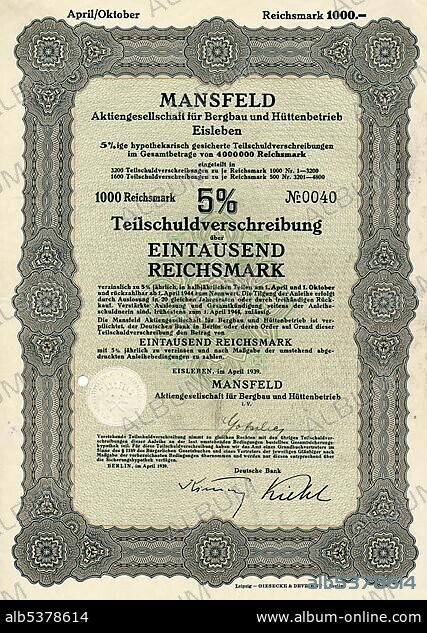 Historical share certificate, Mansfeld Aktiengesellschaft fuer Bergbau und Huettenbetriebe, Eisleben, mining company, mining and processing of copper, silver and non-ferrous metals from copper share, debenture over 1000 Reichsmark, 1940, Germany, Europe.