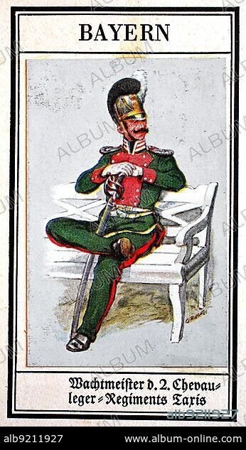 German Uniforms of the 19th century, Lines, Cavalry: Bavaria, Constable of the 2nd Chevauleger (Light Cavalry) -Regiment Taxis, Historical, digitally restored reproduction of a public domain collector's picture from the early 20th century.