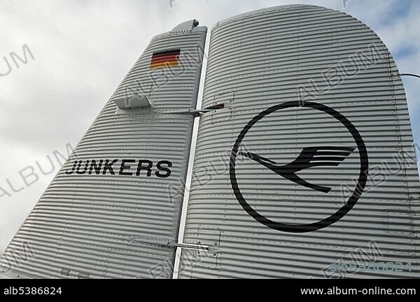 Junkers Ju52/3m Berlin-Tempelhof, year of construction 1936, built in Dessau, detail view fin, registration D-AQUI, today registration D-CDLH, in service of the Deutsche Lufthansa, OberschleiÃŸheim, Bavaria, Germany, Europe.