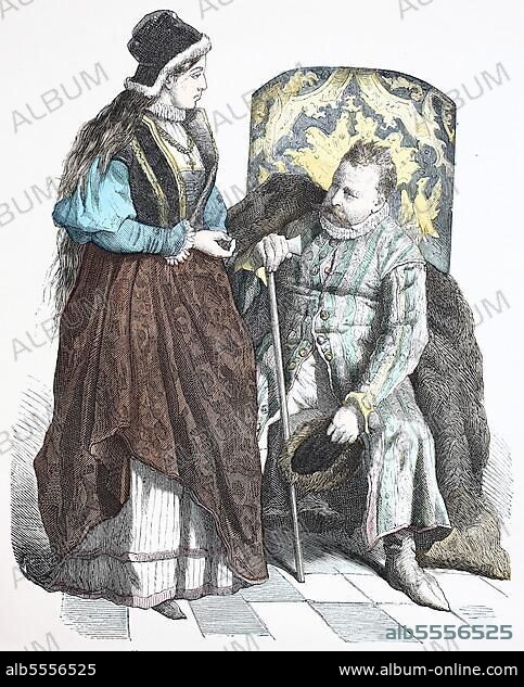 Folk traditional costume, clothing, history of costumes, Polish lady and nobleman in national costume, 16th century, Poland, Historic, digitally restored reproduction of a 19th century original, Europe.