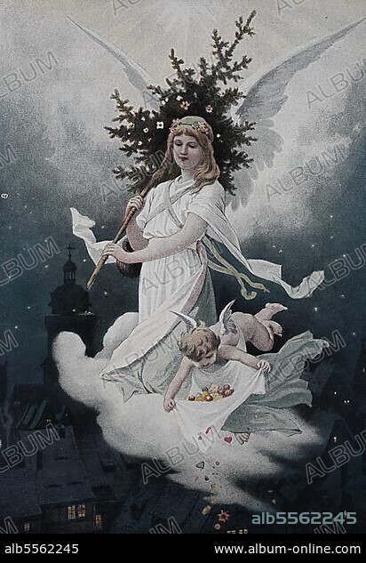 Allegorie auf die Christnacht, Engel schweben mit einem Christbaum auf den Wolken und lassen Plätzchen auf die Häuser regnen, Historisch, digitale Reproduktion einer Originalvorlage aus dem 19. Jahrhundert.