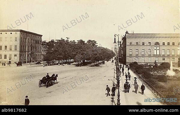 Pariser Platz in Berlin with Palais Redern on the right andUnter den Linden in the background; Berlin; 1885; Germany; Historic; digitally restored reproduction from a 19th century original; Europe.