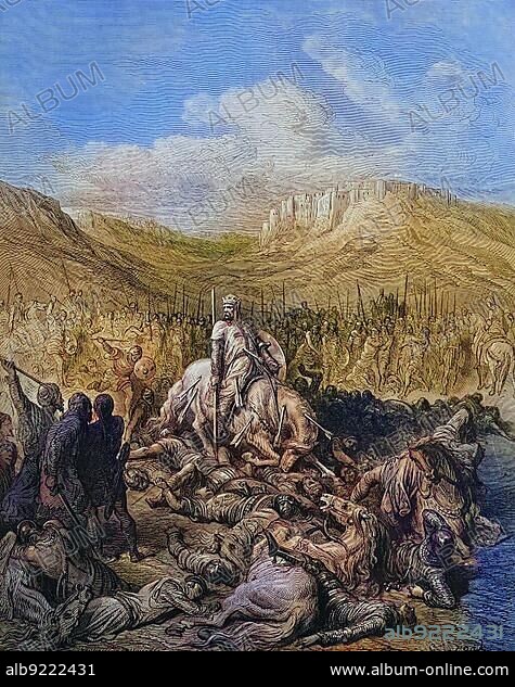 The Death of the Templar Jacques de Mailly at Cressin, 1187, Second Crusade, Crusades were strategically, religiously and economically motivated wars sanctioned by the Latin Church between 1095-99 and the 13th century, Historical, digitally restored reproduction of a 19th century original, exact original date unknown.