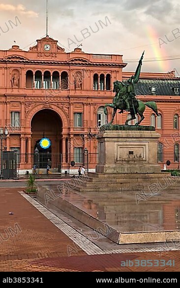 Casa Rosada, Pink House, the official seat of the Argentine government and the offices of the State President, with a rainbow, Buenos Aires, Argentina, South America.