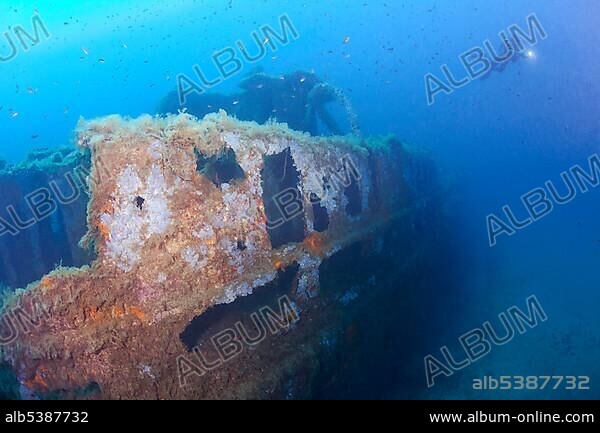 Petroleum freighter wreck Alcione C. sunk 1943 in 2nd World War with diver, Corsica, France, Europe.